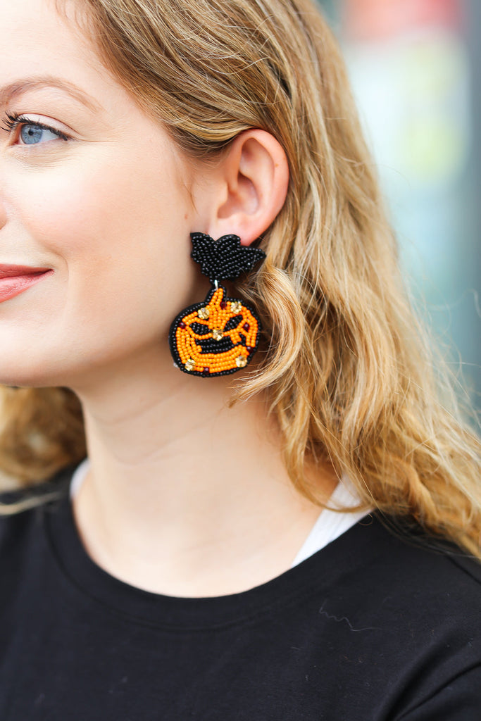 Halloween Jack-o-Lantern Beaded Dangle Earrings-Timber Brooke Boutique, Online Women's Fashion Boutique in Amarillo, Texas