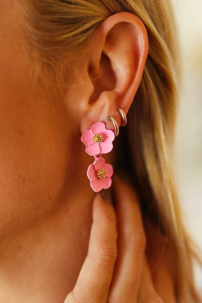 Pastel Pink Tiered Flower Dangle Earrings-Timber Brooke Boutique, Online Women's Fashion Boutique in Amarillo, Texas