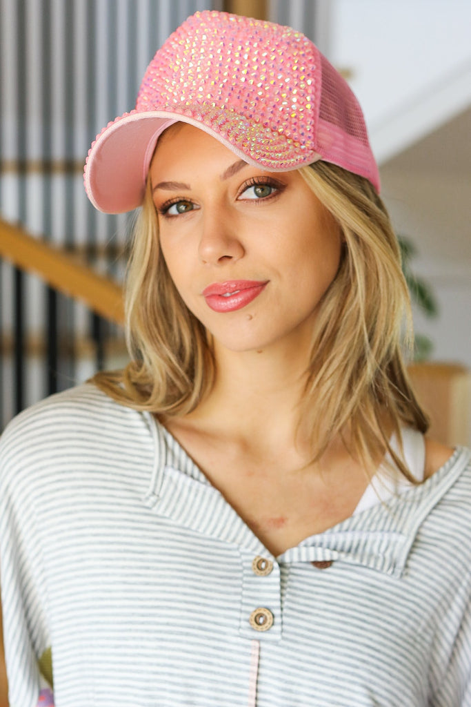 Pink Rhinestone Mesh Trucker Hat-Timber Brooke Boutique, Online Women's Fashion Boutique in Amarillo, Texas