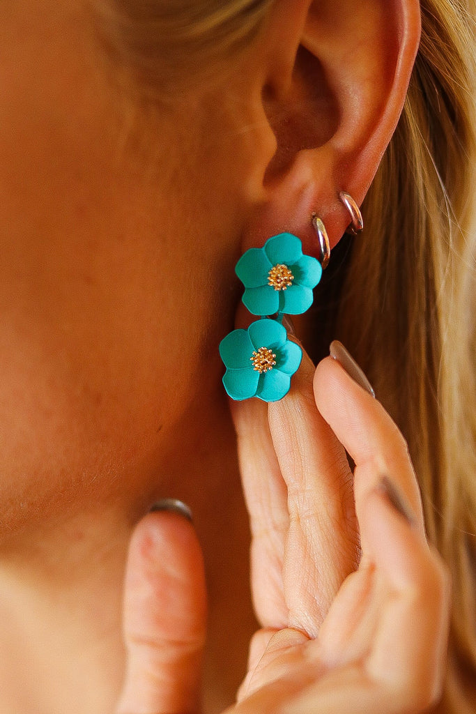 Teal Tiered Flower Dangle Earrings-Timber Brooke Boutique, Online Women's Fashion Boutique in Amarillo, Texas