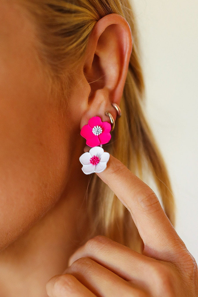 Fuchsia & White Tiered Flower Dangle Earrings-Timber Brooke Boutique, Online Women's Fashion Boutique in Amarillo, Texas