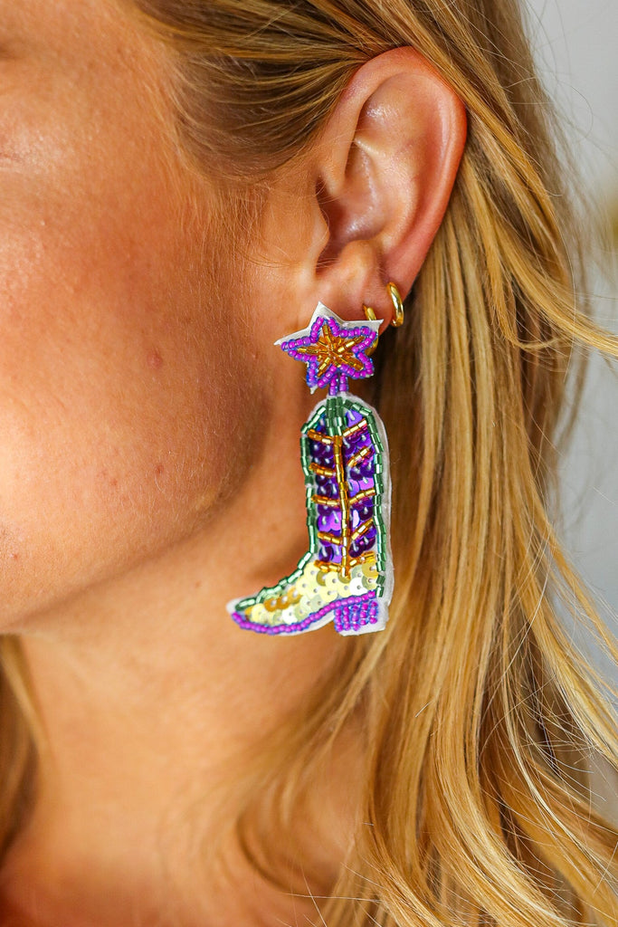 Mardi Gras Sequin & Beaded Cowboy Boot Dangle Earrings-Timber Brooke Boutique, Online Women's Fashion Boutique in Amarillo, Texas