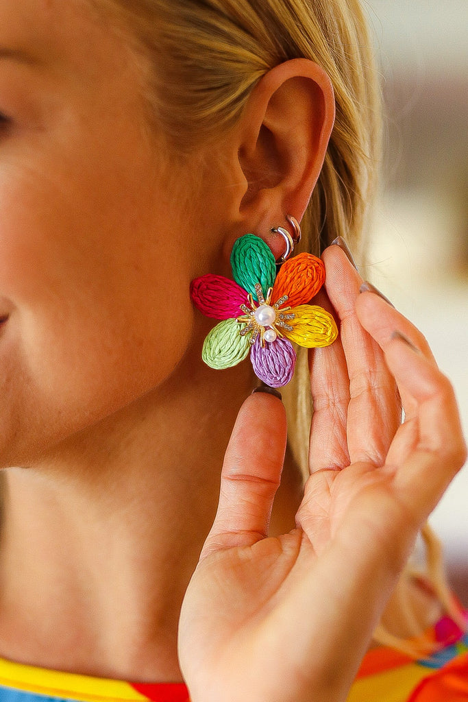 Multicolor Woven Pearl & Rhinestone Flower Earrings-Timber Brooke Boutique, Online Women's Fashion Boutique in Amarillo, Texas