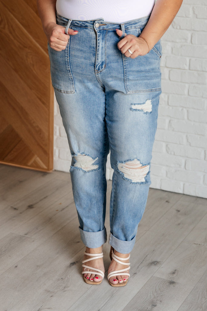 Aiden High Rise Patch Pocket Distressed Boyfriend Jeans-Womens-Timber Brooke Boutique, Online Women's Fashion Boutique in Amarillo, Texas