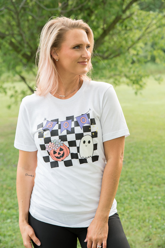 Boo Checkered Tee-BT Graphic Tee-Timber Brooke Boutique, Online Women's Fashion Boutique in Amarillo, Texas