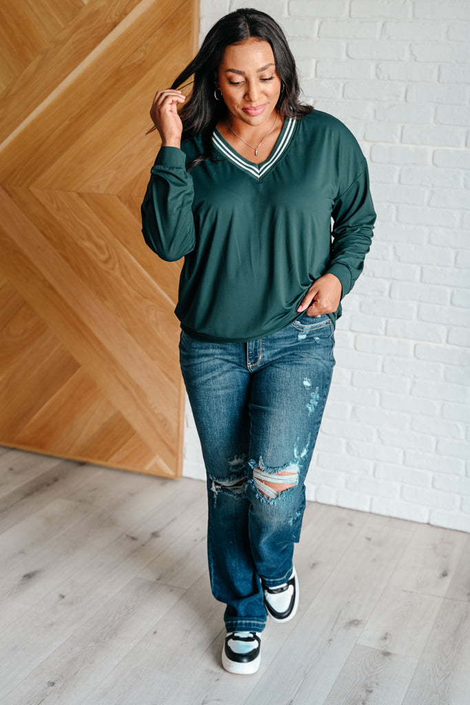 All Out Comfort V-Neck Pullover in Midnight Green-Tops-Timber Brooke Boutique, Online Women's Fashion Boutique in Amarillo, Texas