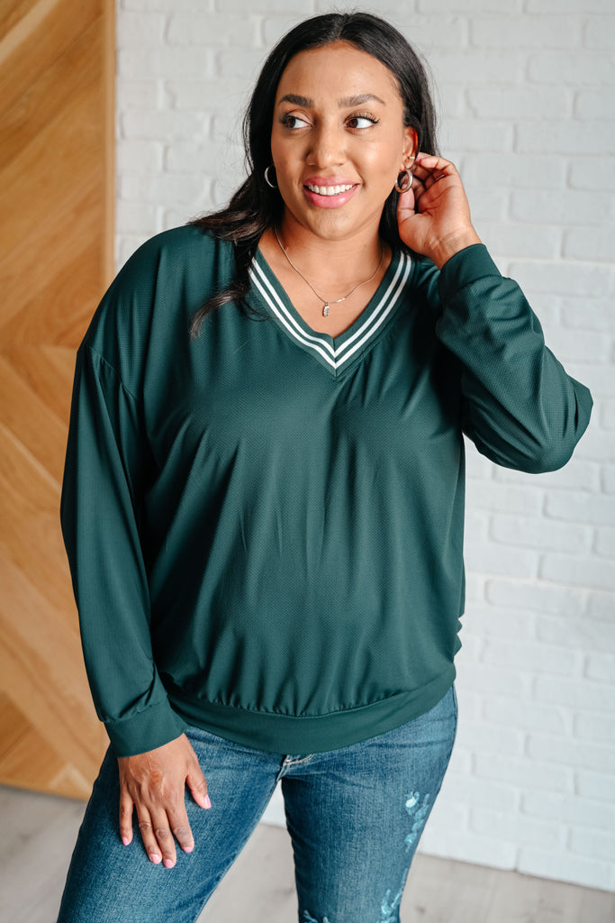 All Out Comfort V-Neck Pullover in Midnight Green-Tops-Timber Brooke Boutique, Online Women's Fashion Boutique in Amarillo, Texas