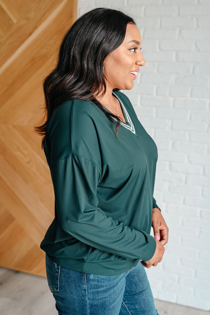 All Out Comfort V-Neck Pullover in Midnight Green-Tops-Timber Brooke Boutique, Online Women's Fashion Boutique in Amarillo, Texas