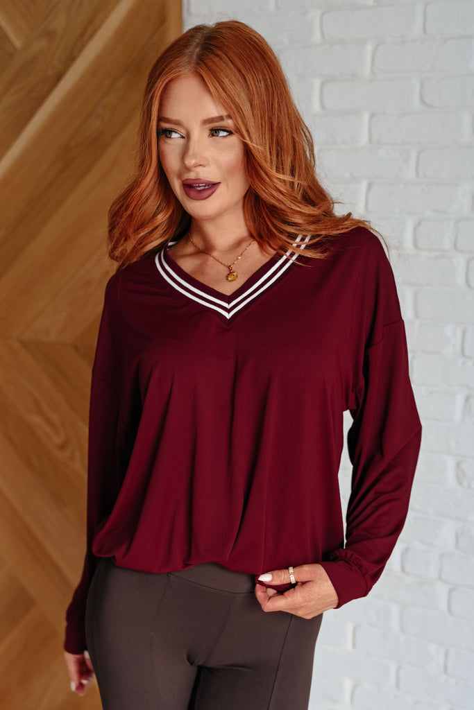 All Out Comfort V-Neck Pullover in Red Merlot-Tops-Timber Brooke Boutique, Online Women's Fashion Boutique in Amarillo, Texas