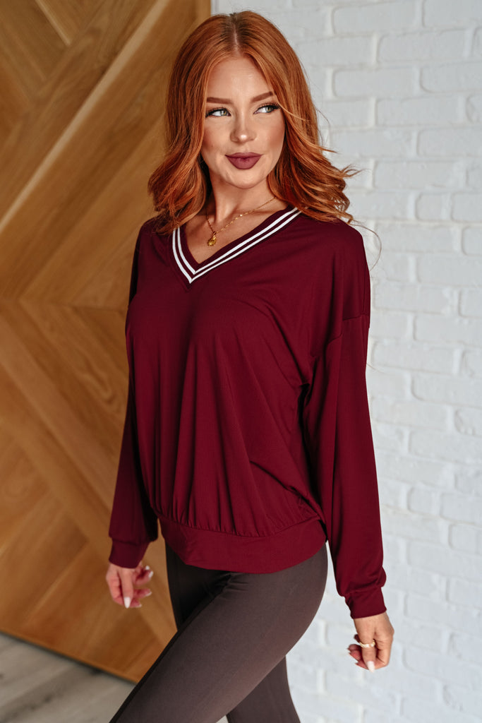 All Out Comfort V-Neck Pullover in Red Merlot-Tops-Timber Brooke Boutique, Online Women's Fashion Boutique in Amarillo, Texas