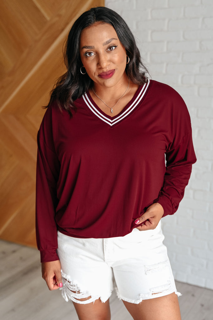 All Out Comfort V-Neck Pullover in Red Merlot-Tops-Timber Brooke Boutique, Online Women's Fashion Boutique in Amarillo, Texas