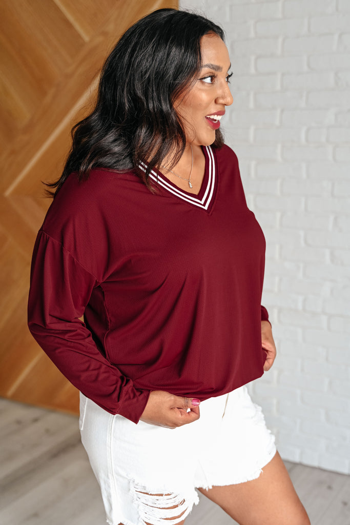 All Out Comfort V-Neck Pullover in Red Merlot-Tops-Timber Brooke Boutique, Online Women's Fashion Boutique in Amarillo, Texas