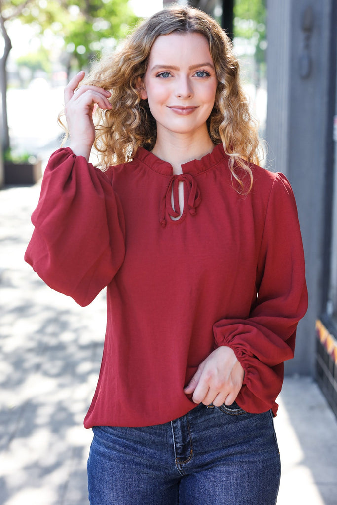 Feeling Femme Burgundy Frilled Edge V Neck Tie Top-Timber Brooke Boutique, Online Women's Fashion Boutique in Amarillo, Texas