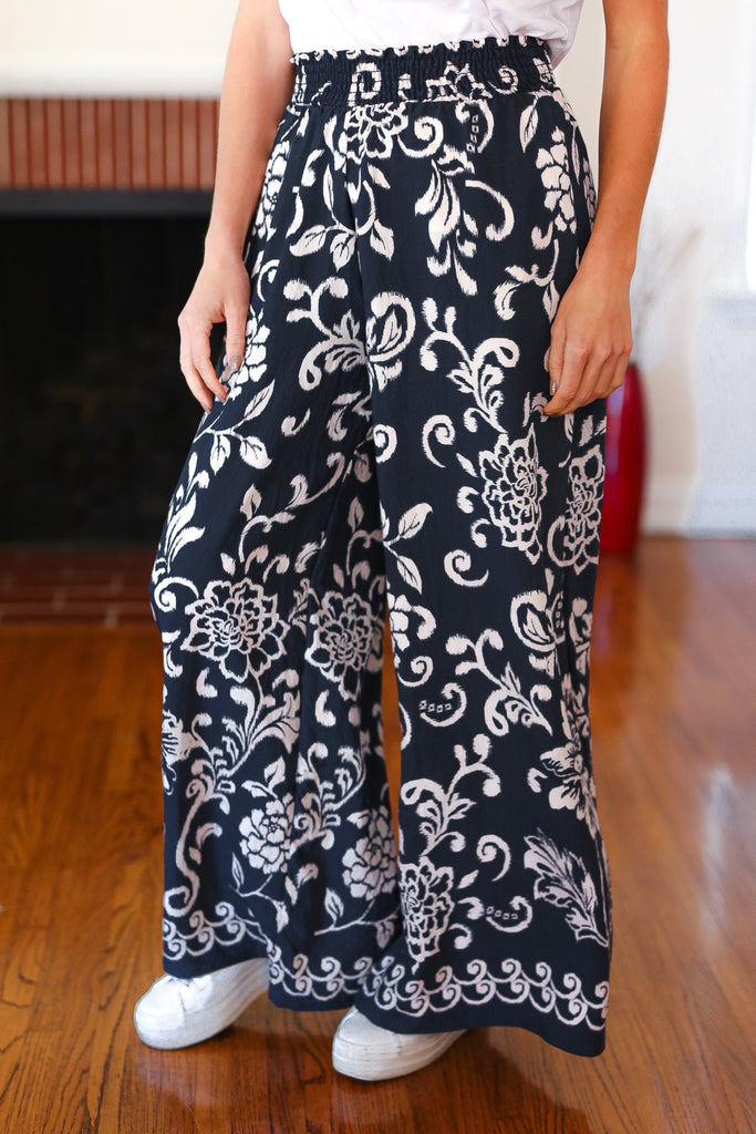 You Got This Black Paisley Floral Smocked Waist Palazzo Pants-Timber Brooke Boutique, Online Women's Fashion Boutique in Amarillo, Texas