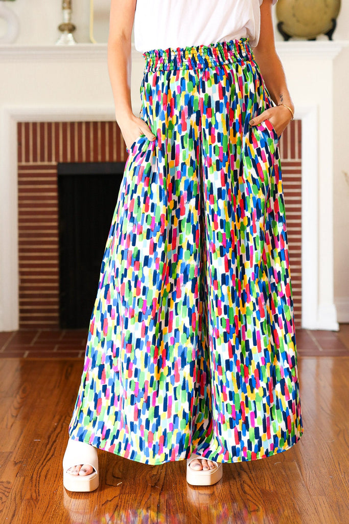 Stand Out Navy & Green Abstract Print Smocked Waist Palazzo Pants-Timber Brooke Boutique, Online Women's Fashion Boutique in Amarillo, Texas