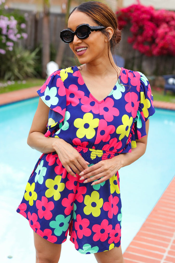 Feeling Bold Navy & Fuchsia Flat Floral Smocked Waist Flutter Sleeve Romper-Timber Brooke Boutique, Online Women's Fashion Boutique in Amarillo, Texas