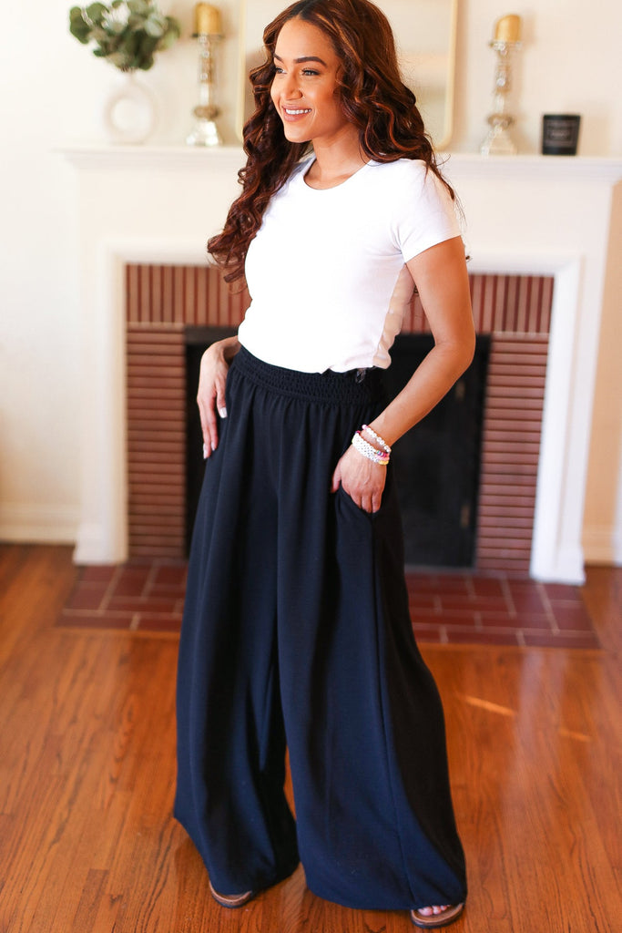 Everyday Black Smocked Waist Palazzo Pants-Timber Brooke Boutique, Online Women's Fashion Boutique in Amarillo, Texas