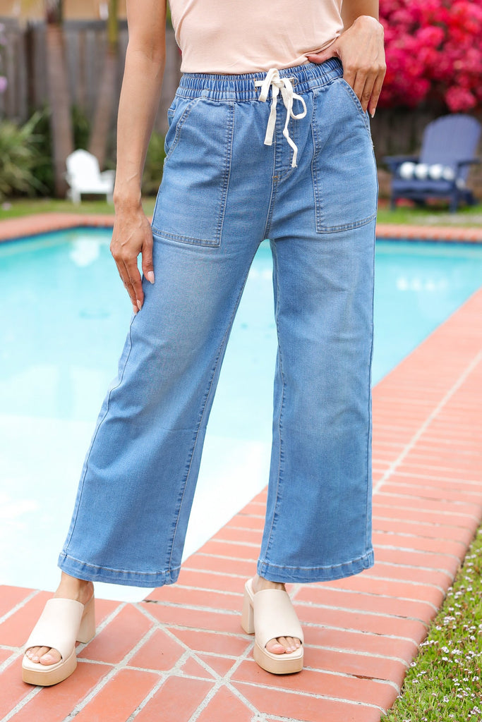 Denim Blue High Rise Drawstring Cropped Jeans-Timber Brooke Boutique, Online Women's Fashion Boutique in Amarillo, Texas