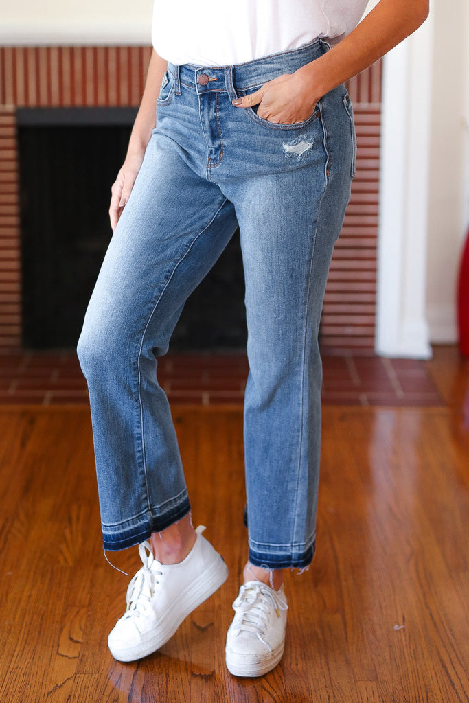 Judy Blue Medium Wash Release Hem Cropped Bootcut Jeans-Timber Brooke Boutique, Online Women's Fashion Boutique in Amarillo, Texas