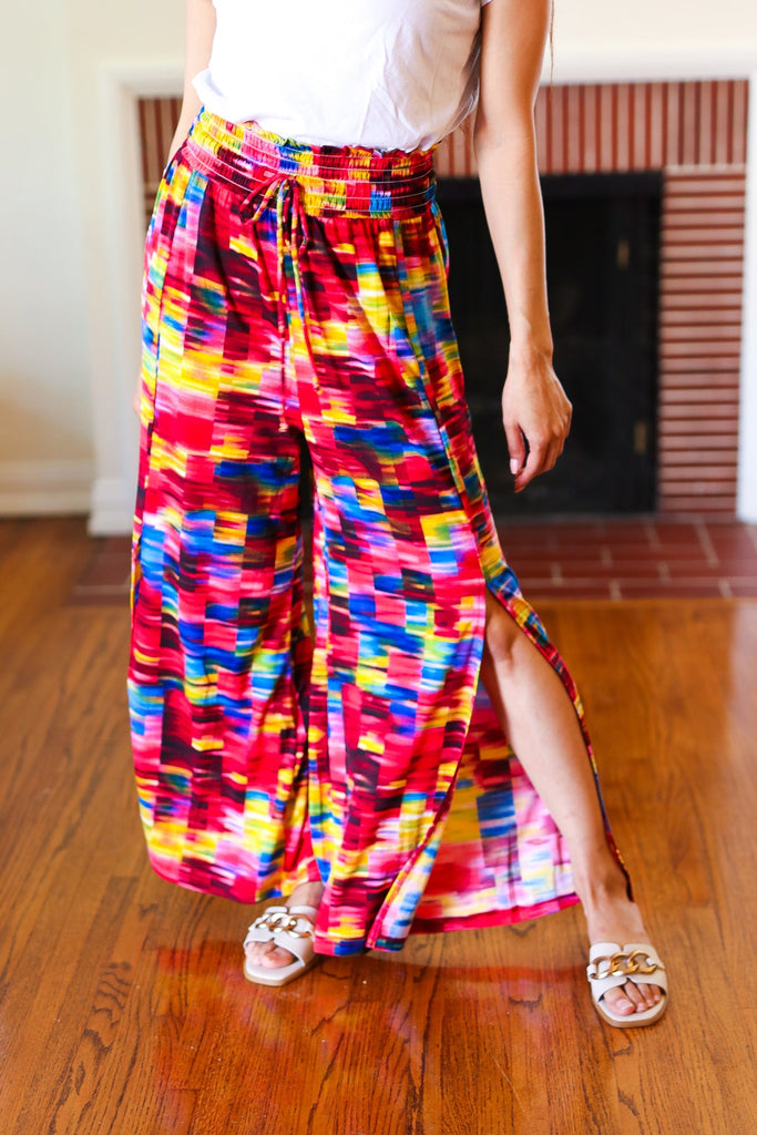 Vacay Vibes Kaleidoscope Smocked Waist Side Slit Palazzo Pants-Timber Brooke Boutique, Online Women's Fashion Boutique in Amarillo, Texas