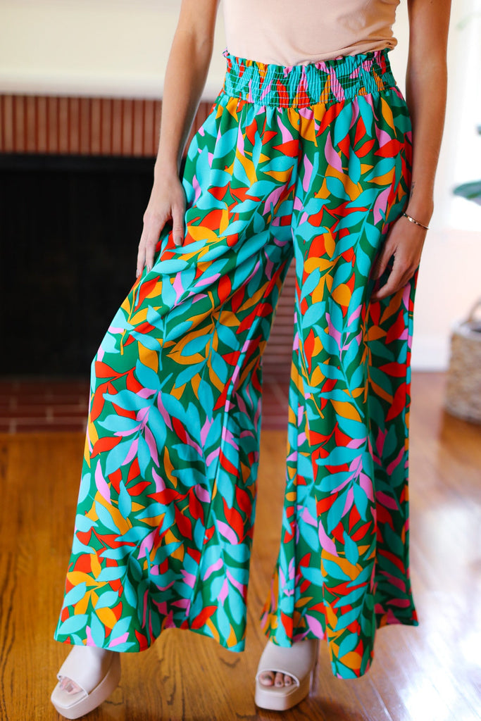 Summer Vibes Green & Orange Abstract Print Smocked Palazzo Pants-Timber Brooke Boutique, Online Women's Fashion Boutique in Amarillo, Texas