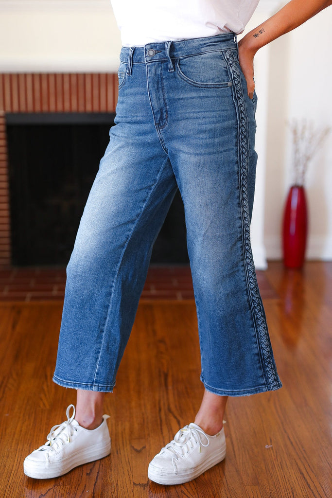 Judy Blue Medium Wash Braided Cropped Wide Leg Jeans-Timber Brooke Boutique, Online Women's Fashion Boutique in Amarillo, Texas