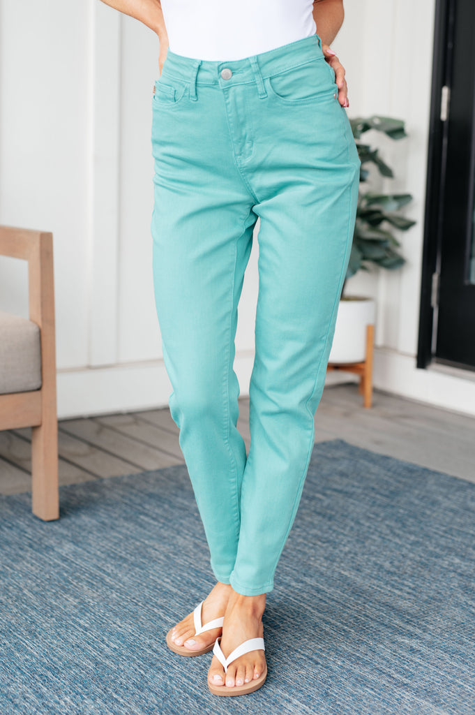Bridgette High Rise Garment Dyed Slim Jeans in Aquamarine-Womens-Timber Brooke Boutique, Online Women's Fashion Boutique in Amarillo, Texas