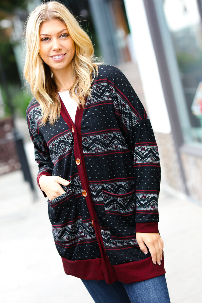 All Class Burgundy Holiday Print Button Cardigan-Timber Brooke Boutique, Online Women's Fashion Boutique in Amarillo, Texas