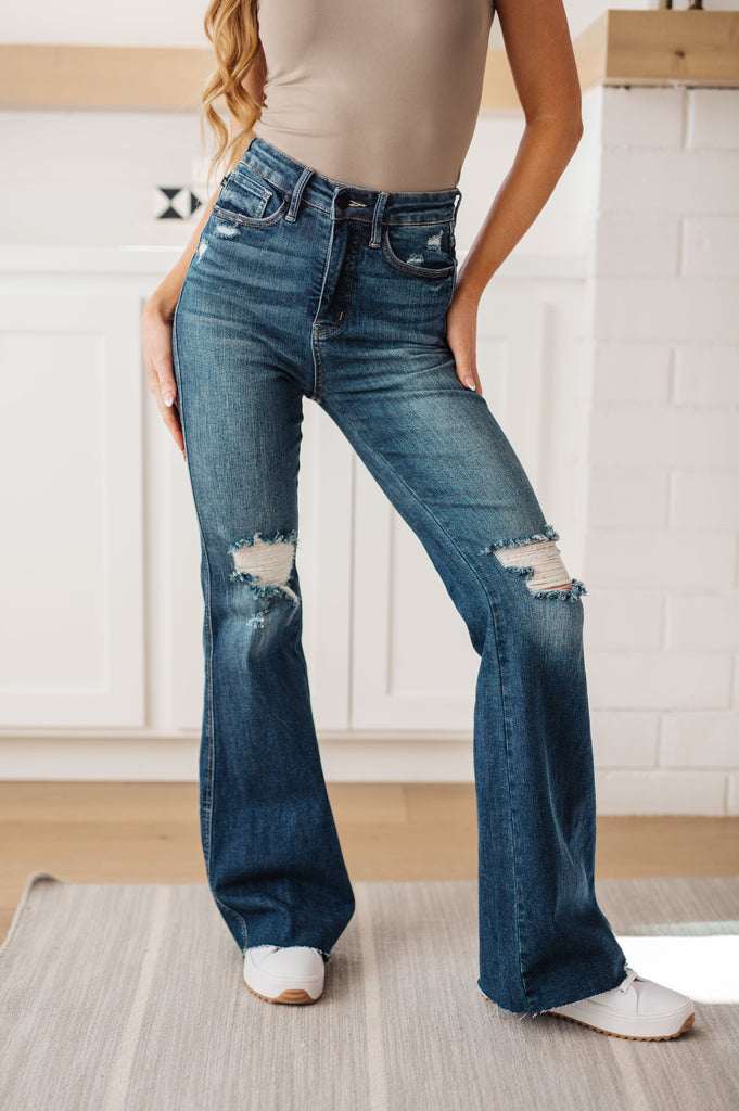 Cassandra High Rise Control Top Distressed Flare Jeans-Denim-Timber Brooke Boutique, Online Women's Fashion Boutique in Amarillo, Texas