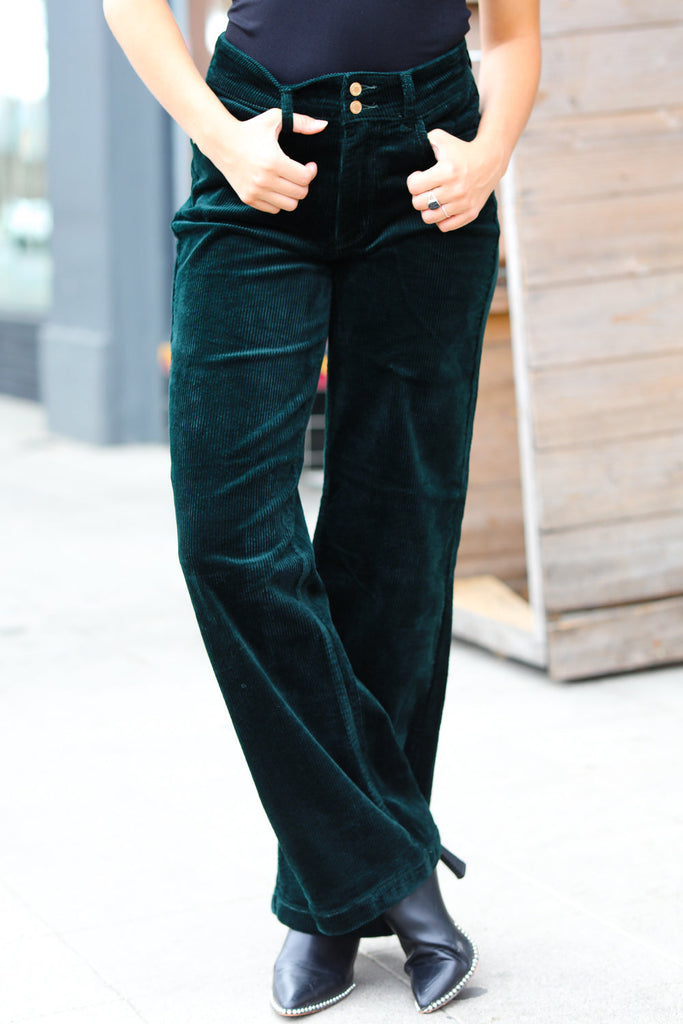Embrace The Joy Emerald Green Corduroy High Rise Wide Leg Pants-Timber Brooke Boutique, Online Women's Fashion Boutique in Amarillo, Texas