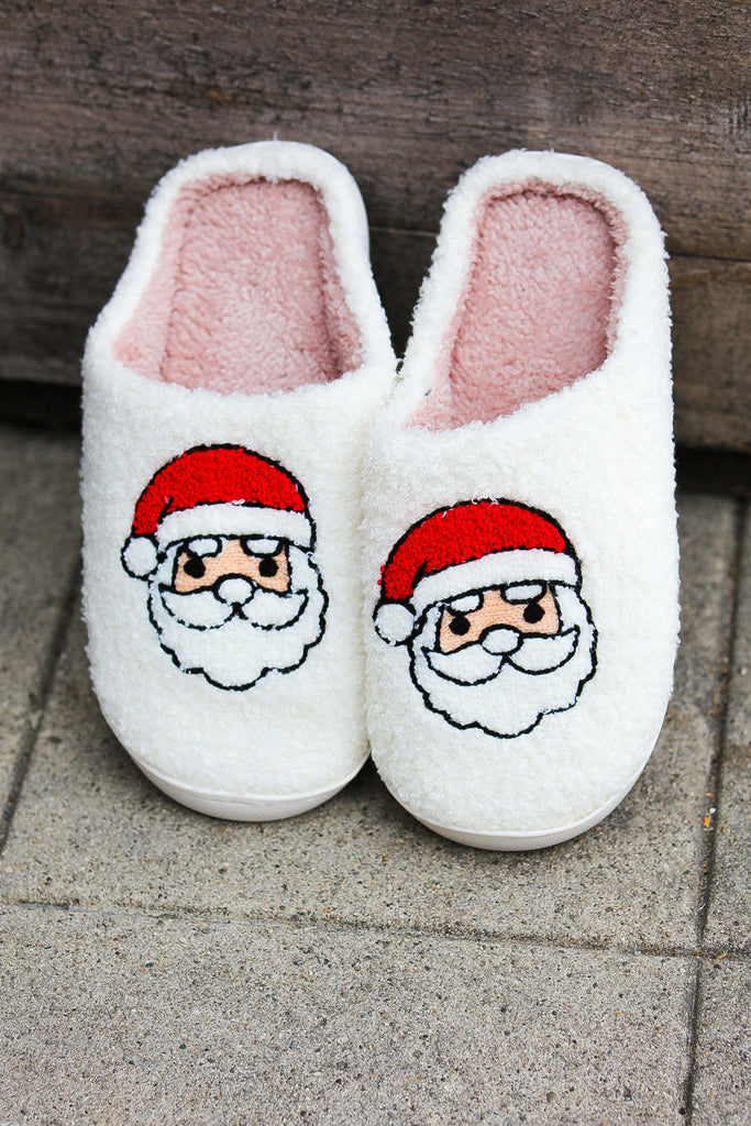 Christmas Santa Print Fleece Slippers-Timber Brooke Boutique, Online Women's Fashion Boutique in Amarillo, Texas