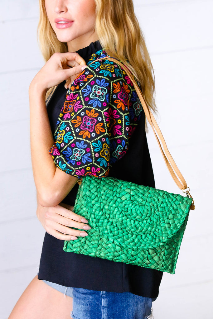 Emerald Woven Raffia Flap Closure Clutch Bag-Handbags-Timber Brooke Boutique, Online Women's Fashion Boutique in Amarillo, Texas