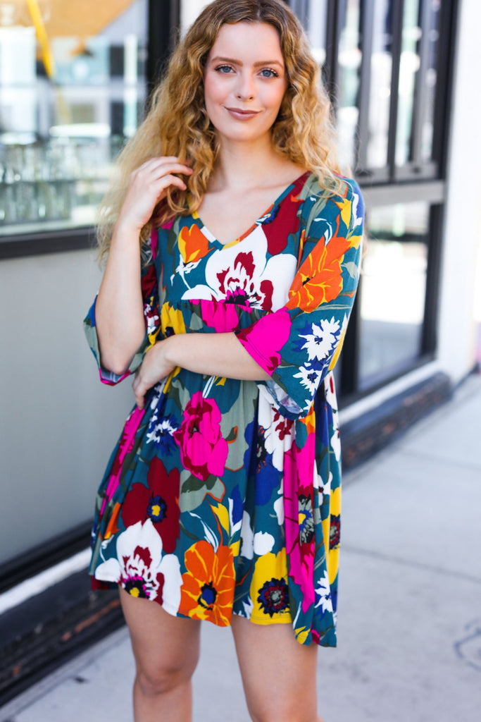 Hello Beautiful Teal Floral Print V Neck Babydoll Dress-Timber Brooke Boutique, Online Women's Fashion Boutique in Amarillo, Texas