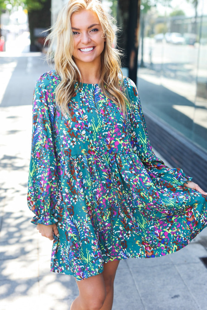 Spread Joy Hunter Green Floral Frill Sleeve Dress-Timber Brooke Boutique, Online Women's Fashion Boutique in Amarillo, Texas