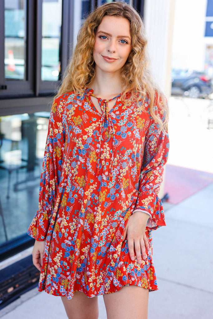 Under Your Spell Rust Floral Tie Front Elastic Bell Sleeve Dress-Timber Brooke Boutique, Online Women's Fashion Boutique in Amarillo, Texas