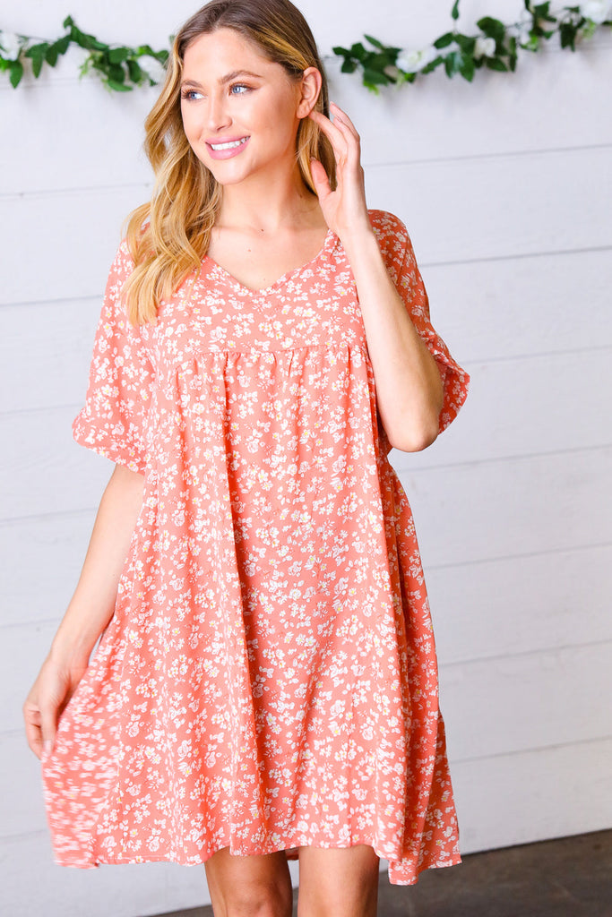 Peach Ditzy Floral Woven Dolman V Neck Dress-Timber Brooke Boutique, Online Women's Fashion Boutique in Amarillo, Texas