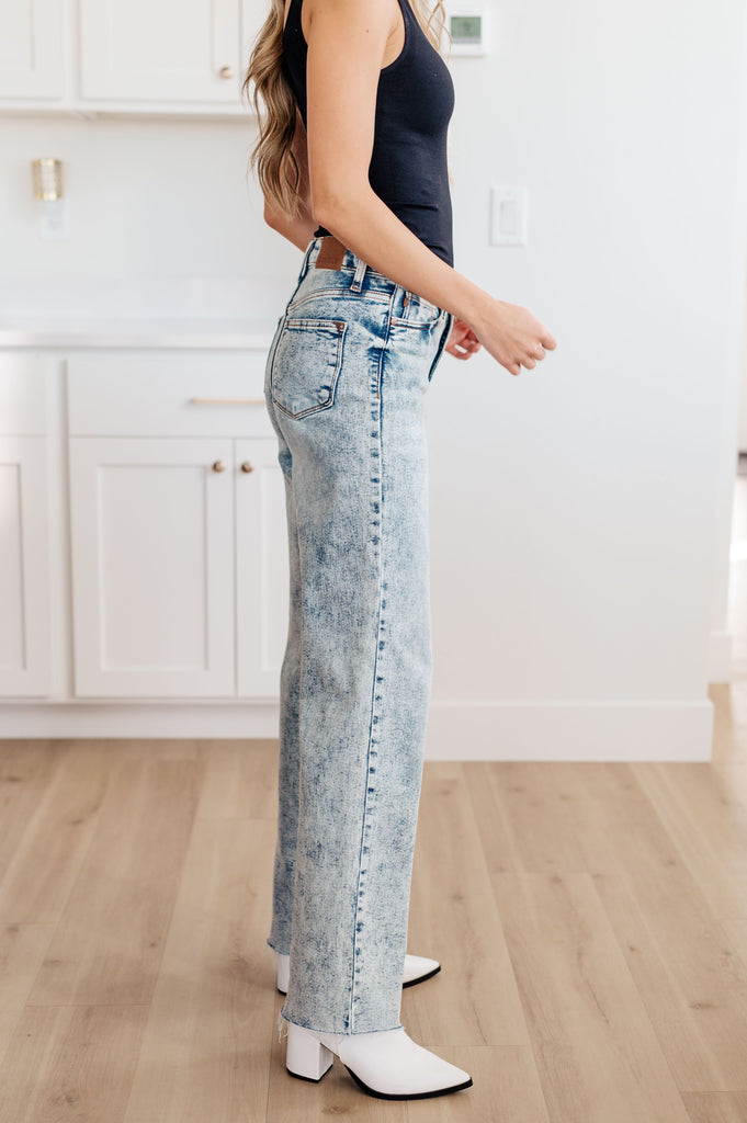 Dory High Waist Mineral Wash Raw Hem Wide Leg Jeans-Womens-Timber Brooke Boutique, Online Women's Fashion Boutique in Amarillo, Texas