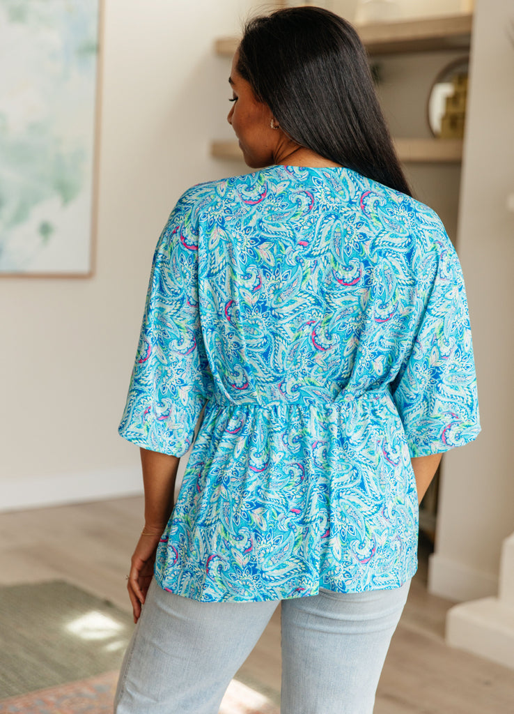 Dreamer Peplum Top in Blue and Teal Paisley-Tops-Timber Brooke Boutique, Online Women's Fashion Boutique in Amarillo, Texas