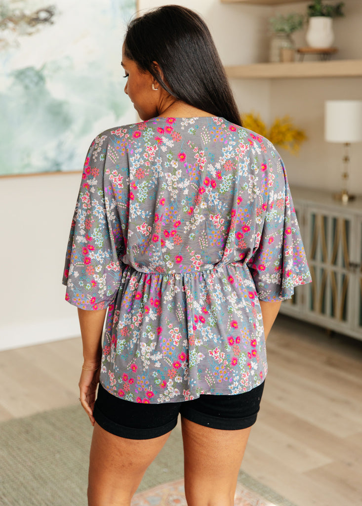 Dreamer Peplum Top in Grey and Pink Floral-Tops-Timber Brooke Boutique, Online Women's Fashion Boutique in Amarillo, Texas