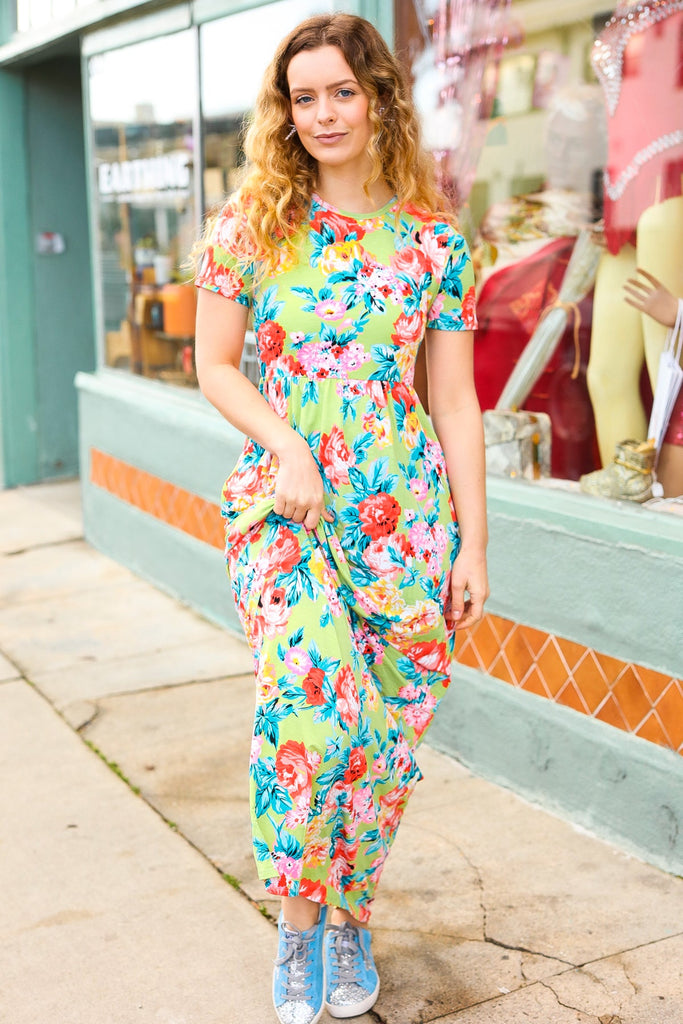 Diva Dreams Lime Floral Print Fit & Flare Maxi Dress-Timber Brooke Boutique, Online Women's Fashion Boutique in Amarillo, Texas