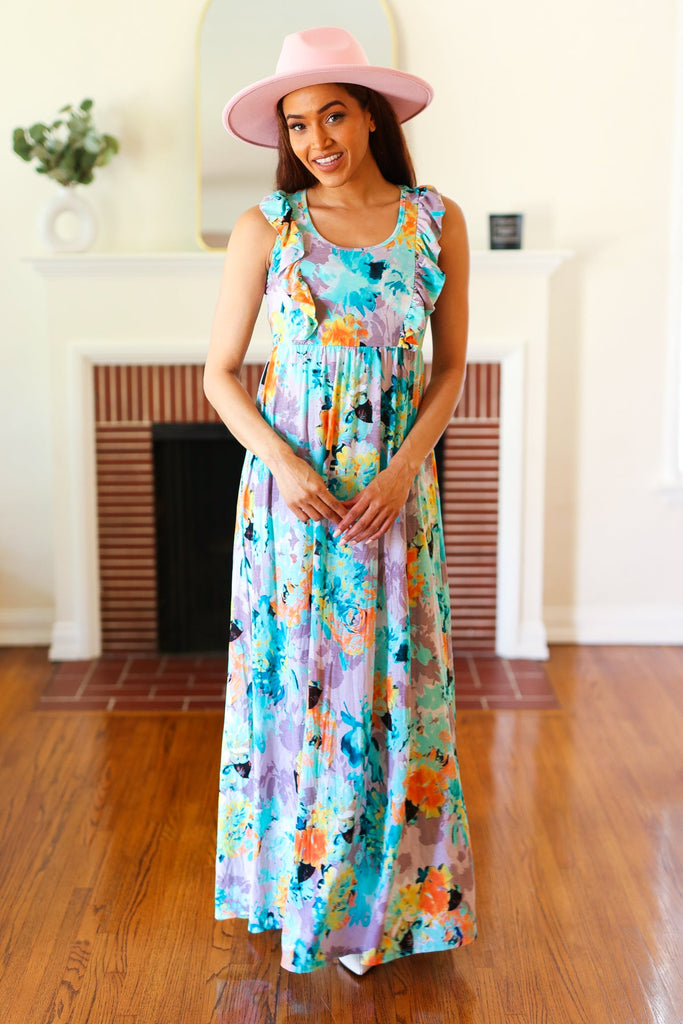 Feeling Elegant Seafoam Floral Print Ruffle Maxi Dress-Timber Brooke Boutique, Online Women's Fashion Boutique in Amarillo, Texas