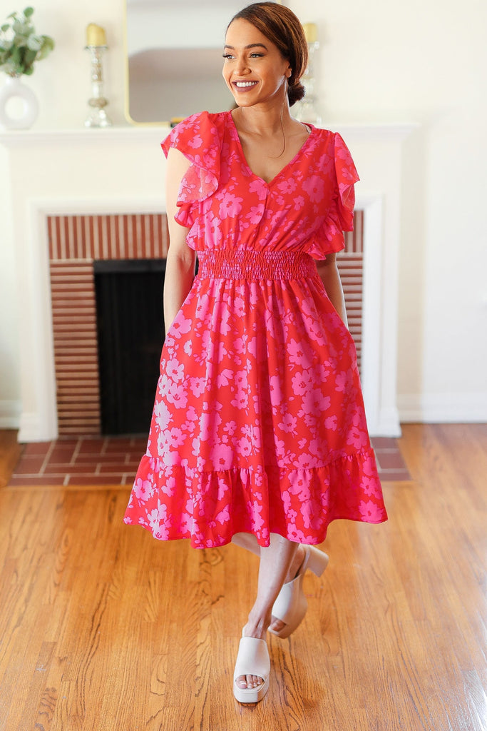 Remember Me Red & Pink Floral Print Smocked Waist Midi Dress-Timber Brooke Boutique, Online Women's Fashion Boutique in Amarillo, Texas