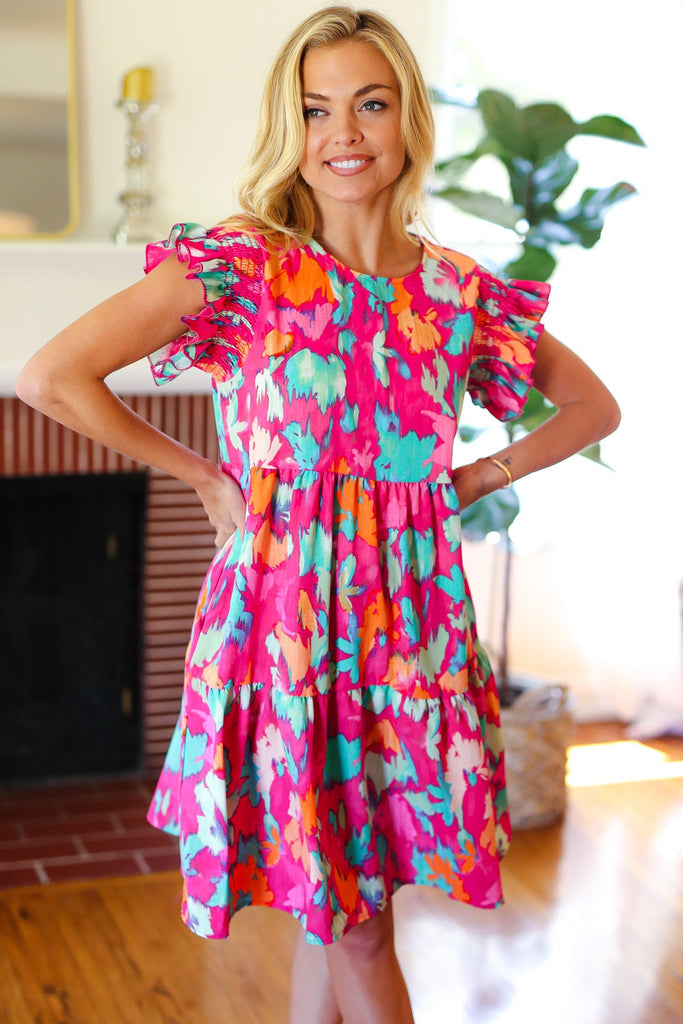 Look of Love Fuchsia Abstract Floral Print Smocked Ruffle Sleeve Dress-Timber Brooke Boutique, Online Women's Fashion Boutique in Amarillo, Texas