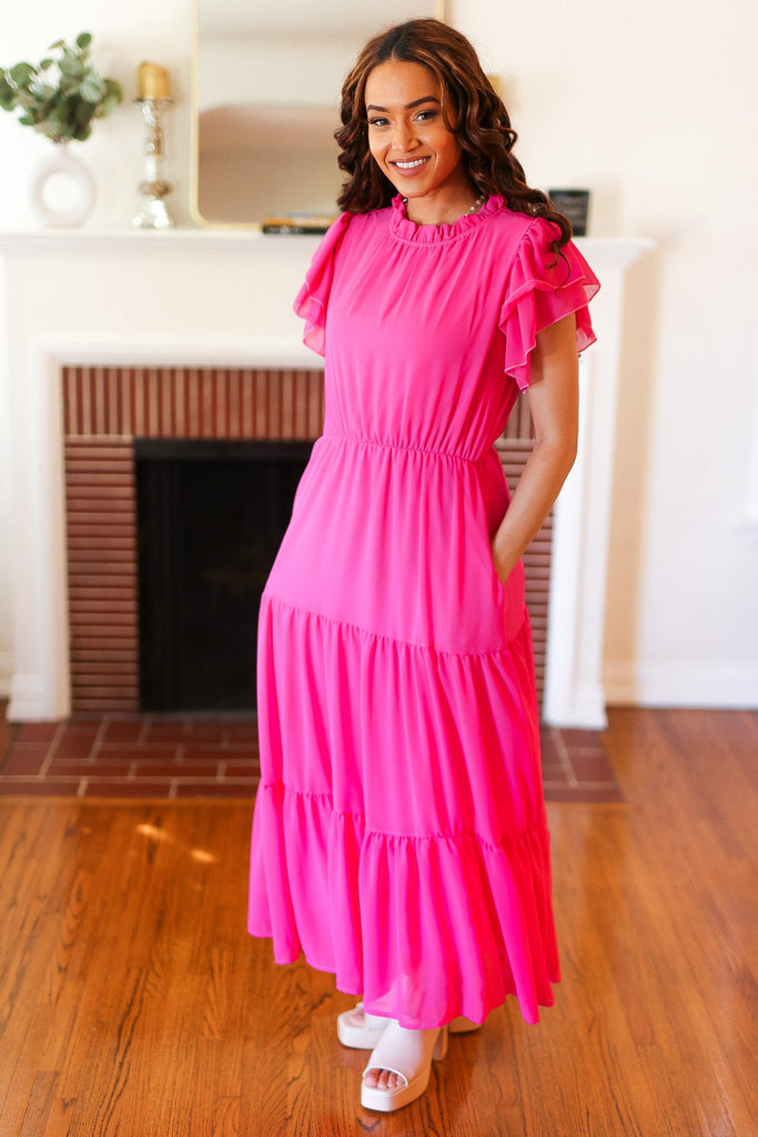 Perfectly You Hot Pink Mock Neck Tiered Chiffon Maxi Dress-Timber Brooke Boutique, Online Women's Fashion Boutique in Amarillo, Texas