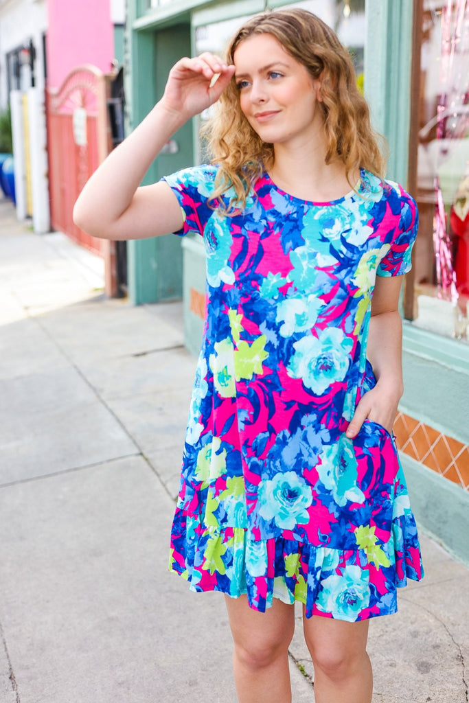 Everyday Blue & Pink Floral Ruffle Hem Dress-Mini Dresses-Timber Brooke Boutique, Online Women's Fashion Boutique in Amarillo, Texas
