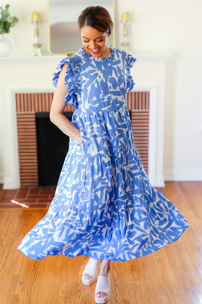 Love Found Sky Blue Abstract Print Tiered Smocked Ruffle Sleeve Maxi Dress-Maxi Dresses-Timber Brooke Boutique, Online Women's Fashion Boutique in Amarillo, Texas