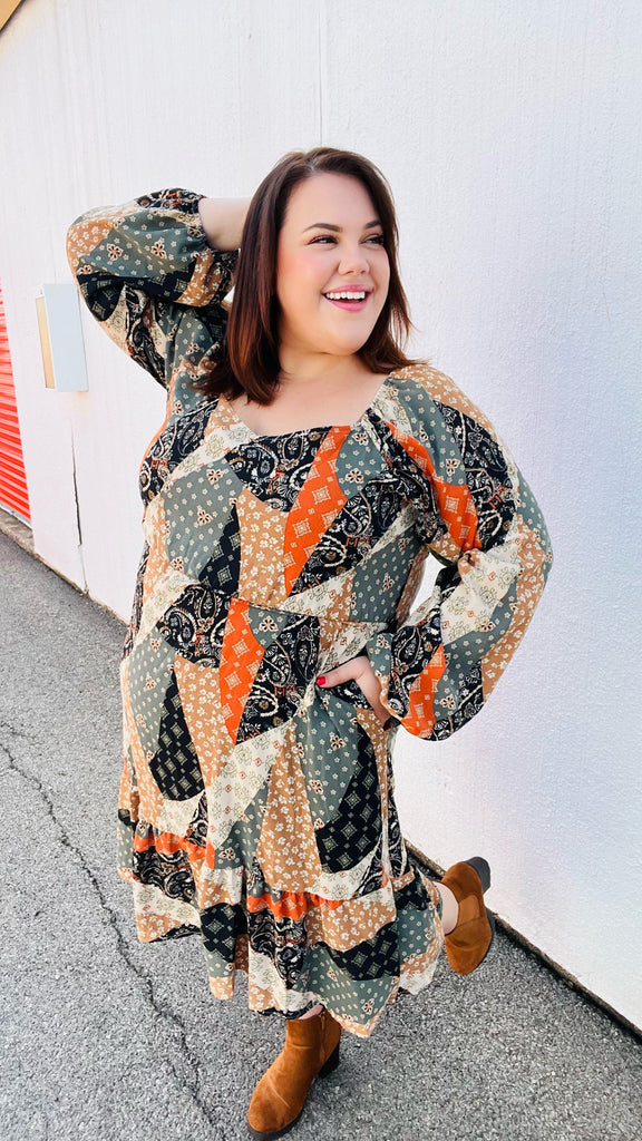 Feeling Bold Taupe & Chocolate Boho Patchwork Midi Dress-Timber Brooke Boutique, Online Women's Fashion Boutique in Amarillo, Texas