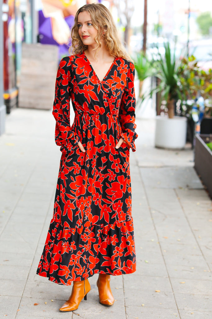 It's A Match Black & Rust Floral Surplice Maxi Dress-Timber Brooke Boutique, Online Women's Fashion Boutique in Amarillo, Texas