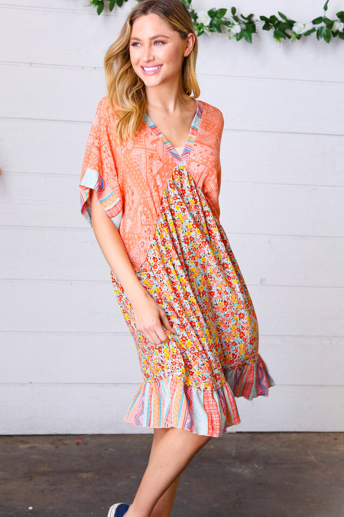 Apricot Boho Flower Colorblock V Neck Dress-Timber Brooke Boutique, Online Women's Fashion Boutique in Amarillo, Texas