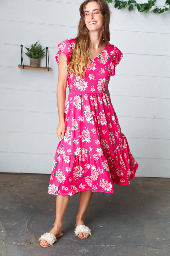 Fuchsia Floral Elastic Waist Fit and Flare Ruffle Midi Dress-Timber Brooke Boutique, Online Women's Fashion Boutique in Amarillo, Texas
